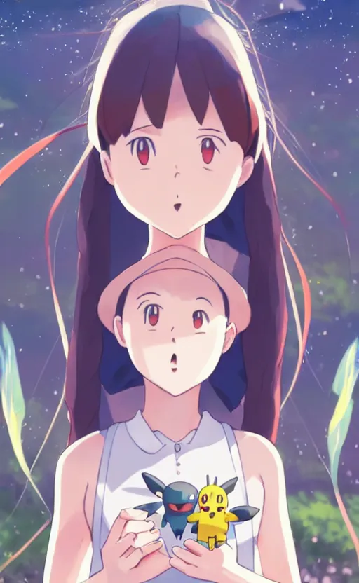 Image similar to a pokemon go card from 1 9 5 0, illustration, insect trainer girl, clear sky background, lush landscape, concept art, anime key visual, trending pixiv fanbox, by wlop and greg rutkowski and makoto shinkai and studio ghibli and kyoto animation, symmetrical facial features, short hair, hair down