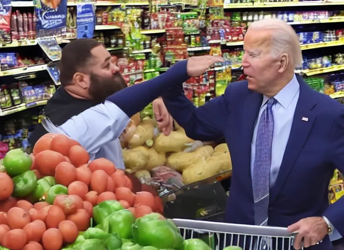 Image similar to Joe Biden fights a fat man at the supermarket, 8K, high quality, highly detailed