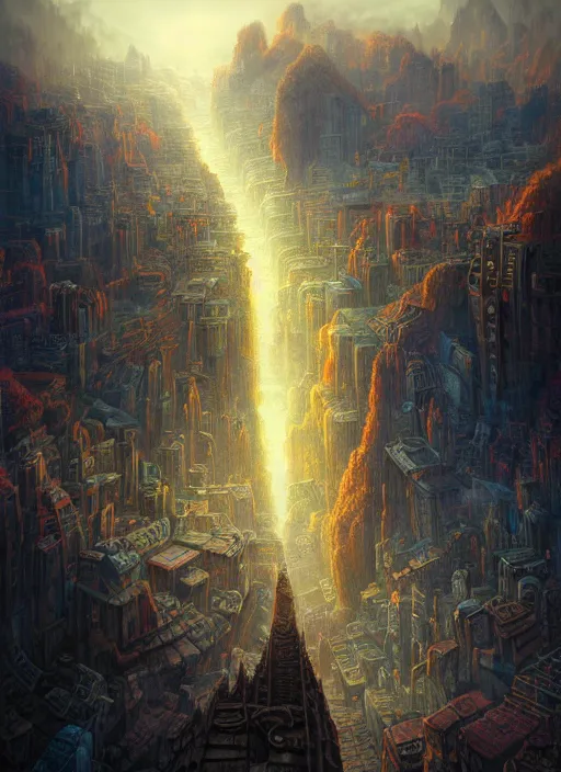 Prompt: a city built around a giant pillar with widening terraces, reaching into the black sky, extremly detailed digital painting, vibrant colors, in the style of tomasz alen kopera and fenghua zhong and peter mohrbacher, mystical colors, rim light, beautiful lighting, 8 k, stunning scene, raytracing, octane, trending on artstation