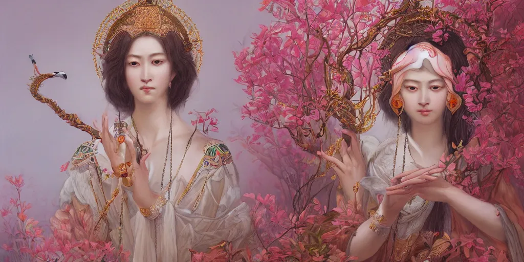 Image similar to breathtaking detailed concept art painting of the goddess of flamingo, orthodox saint, with anxious, piercing eyes, clean background, amalgamation of leaves and flowers, by Hsiao-Ron Cheng and John James Audubon, extremely moody lighting, 8K