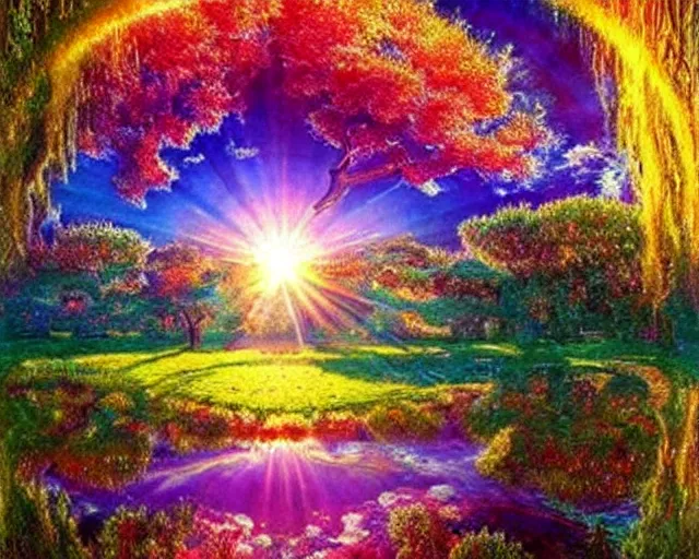 Prompt: psychedlic realistic 16k footage, serene beautiful landscape photography of the garden of eden. lake reflections in the foreground, fruit tree's and animals everywhere. sun rays shining through the trees. lens flare. sunset, dramatic lighting by Marc Adamus gyuri lohmuller Ivan Shishkin. lsd trip. | lovely scene by monet