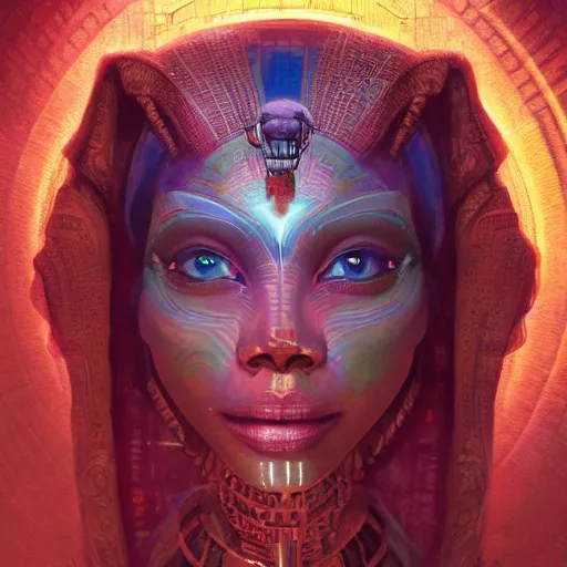 Image similar to highly detailed portrait of sekhmet the egyptian goddess, intricate alien technology, stephen bliss, unreal engine, fantasy art by greg rutkowski, loish, rhads, ferdinand knab, makoto shinkai and lois van baarle, ilya kuvshinov, rossdraws, tom bagshaw, global illumination, radiant light, detailed and intricate environment