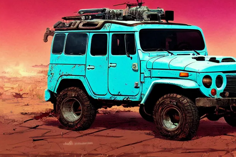 Image similar to digital illustration of a faded cyan mad max's fj 4 0 decrepit!!!! pursuit special, rusty!!! nissan fj cruiser heavily modded 1 9 9 0 s, the last v 8 interceptor by makoto shinkai, ilya kuvshinov, lois van baarle, rossdraws, basquiat