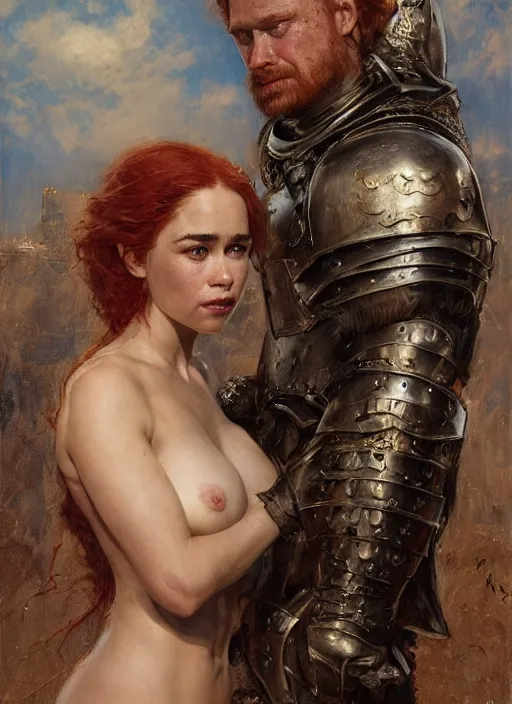 Image similar to short muscular redheaded woman wearing realistic medieval armour, emilia clarke staring seductively, staring seductively, detailed by gaston bussiere, bayard wu, greg rutkowski, giger, maxim verehin, greg rutkowski, masterpiece, sharp focus, cinematic lightning