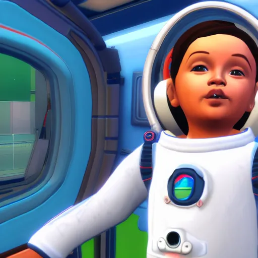 Image similar to a baby astronaut in space, the sims 4