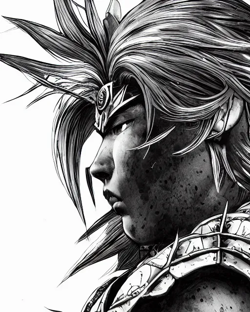 Prompt: a warrior making progress, black and white, highly detailed face, close-up, fantasy art, fighting art, in the style of masami kurumada, illustration, epic, fantasy, intricate, hyper detailed, artstation, concept art, smooth, sharp focus, ray tracing