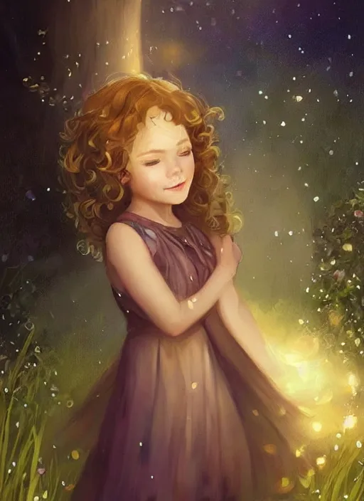 Image similar to A cute little girl with shoulder length curly brown hair with a happy expression wearing a summer dress dancing with fireflies, she is in the distance. beautiful fantasy art by Charlie Bowater.