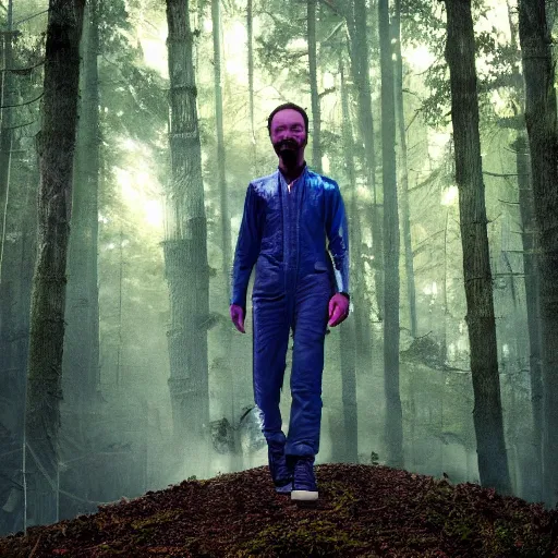 Image similar to thom yorke singer songwriter walking in a forest in a spacesuit, filling up with water, waterline refractions, anamorphic lens flare, beautiful blueish eyes, eyes reflecting into eyes reflecting into infinity, spherical tiny round eye pupils, eyes reflecting into eyes reflecting into infinity, dramatic lighting