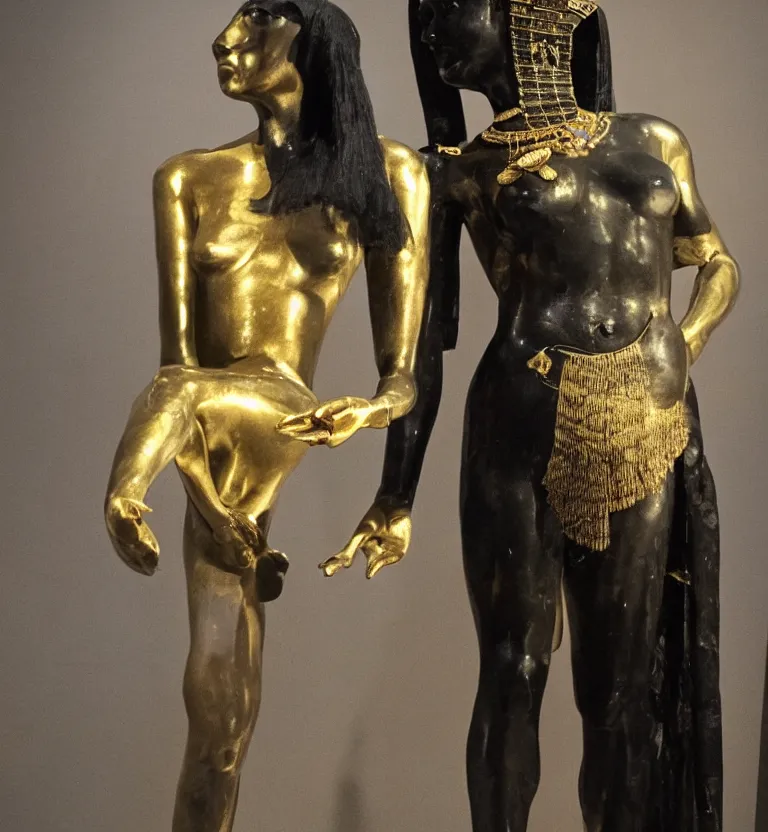 Prompt: a photo at the museum showing a black marble and gold full body sculpture of cleopatra. good quality, good light, anatomically correct, 8 k