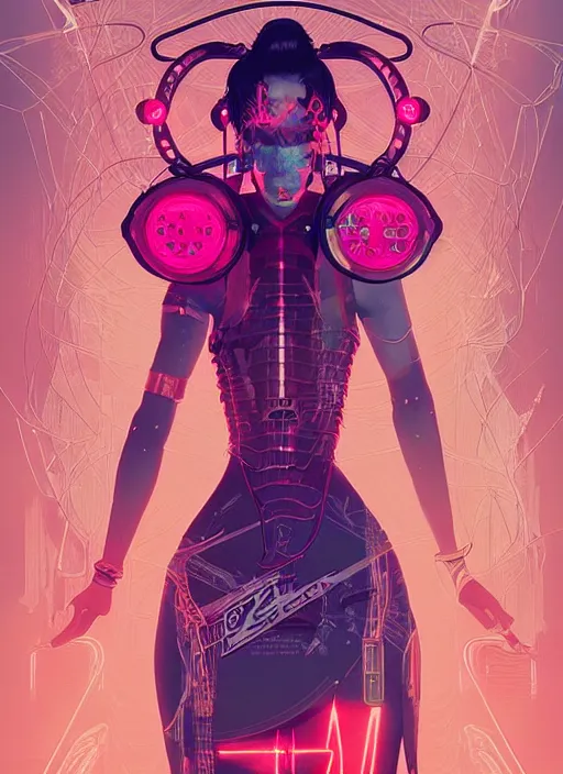 Image similar to character design, cyberpunk nezha resurrected in mechanical lotus, concert poster retro, conrad roset, greg rutkowski, flume cover art