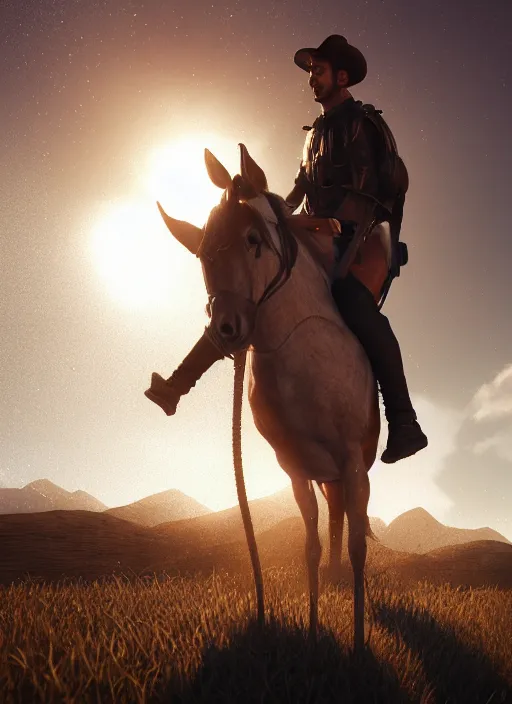 Prompt: saddle on a man, volumetric lighting, beautiful, golden hour, sharp focus, ultra detailed, cgsociety by leesha hannigan, ross tran, thierry doizon, kai carpenter, ignacio fernandez rios, noir photorealism, film