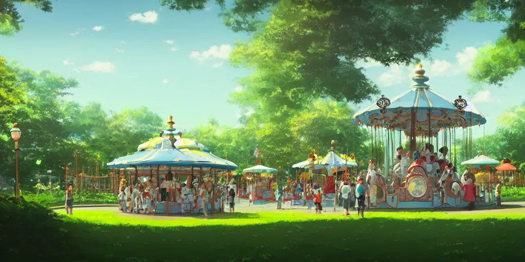 Image similar to at a merry - go - round park, evening, detailed matte painting, low angle view, telephoto lens, bokeh, studio ghibli, artstation