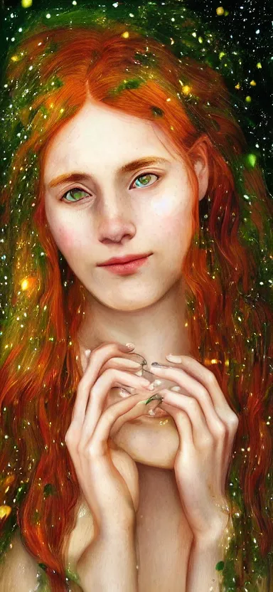 Prompt: infp young woman, smiling, amazed by golden fireflies lights, sitting in the midst of nature fully covered, long loose red hair, intricate linework, green eyes, small nose with freckles, oval shape face, realistic, expressive emotions, dramatic lights, spiritual scene, hyper realistic ultrafine art by cecco del caravaggio and albert bierstadt and artgerm