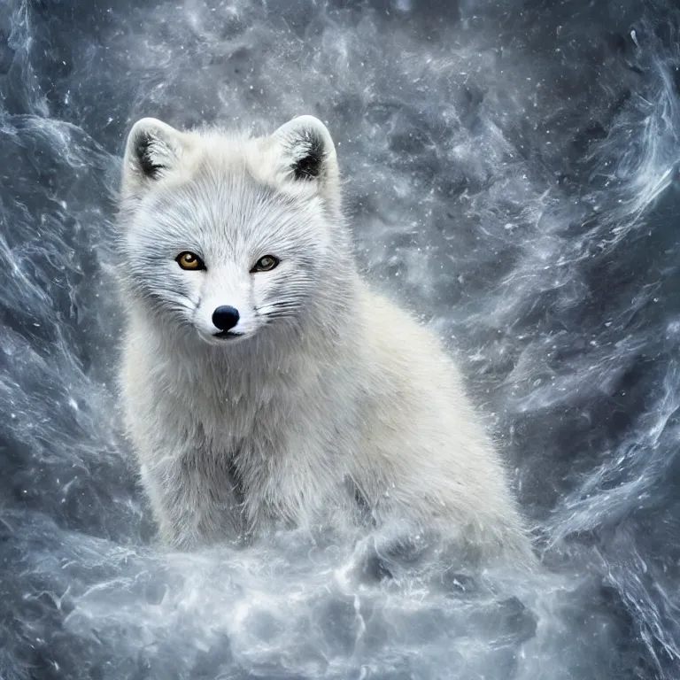 Image similar to hyperrealistic surrealistic arctic fox bring ice and fire and destruction to the world photorealistic symmetrical detailed fractal