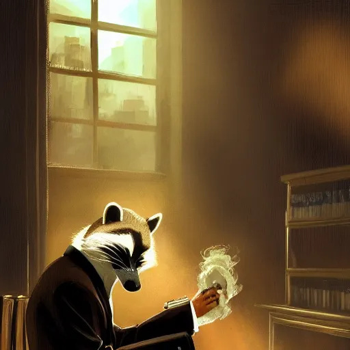 Image similar to a racoon wearing a suit smoking a cigar, dramatic lighting, cinematic, establishing shot, extremly high detail, photorealistic, cinematic lighting, artstation, style by James Gurney