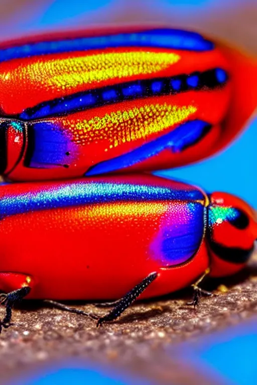 Image similar to high quality macro photo iridescent Red spotted jewel beetles! gorgeous highly detailed david ligare elson peter cinematic blue lighting high quality low angle hd 8k sharp shallow depth of field