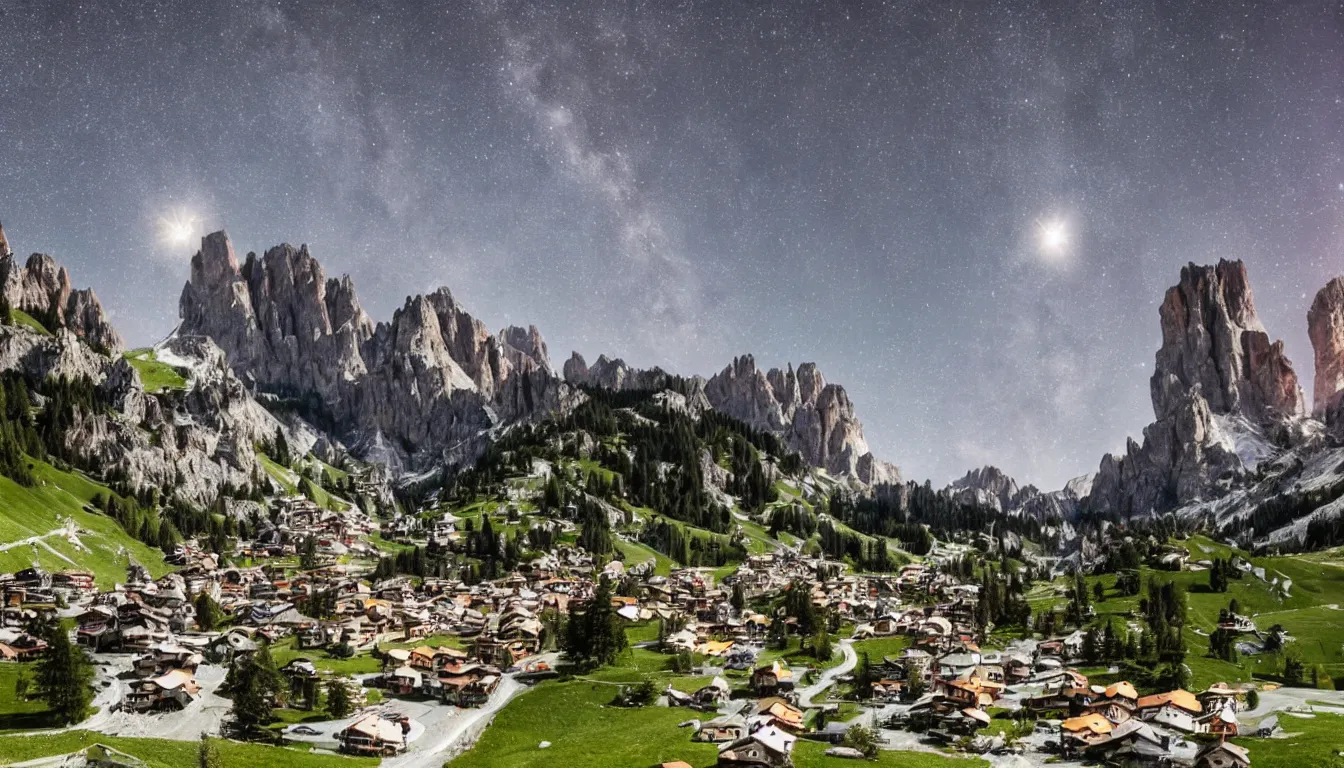 Prompt: a sci - fi town in the dolomites mountains, spaceships in the starry sky