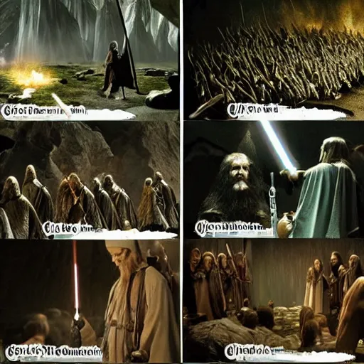 Prompt: A scene from Lord of the Rings, all characters have lightsabers, weta workshop, high quality, movie scene