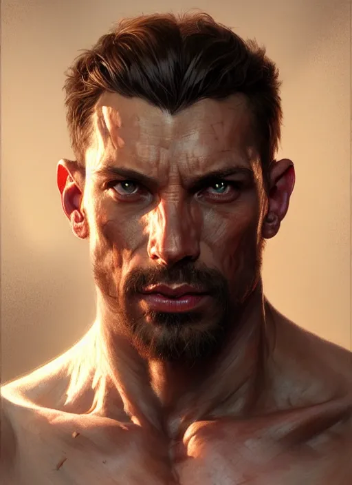 Image similar to Portrait of a man, scarred! D&D, muscular, fantasy, intricate, elegant, highly detailed, digital painting, artstation, concept art, smooth, sharp focus, illustration, art by artgerm and greg rutkowski and alphonse mucha