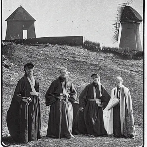 Image similar to worshippers dressed in robes belonging to the cult of the windmill. Dilapidated 1800s windmill. 1800s photo. Very detailed and clear image.