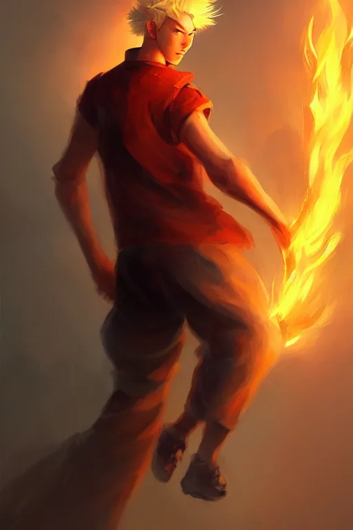 Image similar to character art by wenjun lin, young man, blonde hair, on fire, fire powers