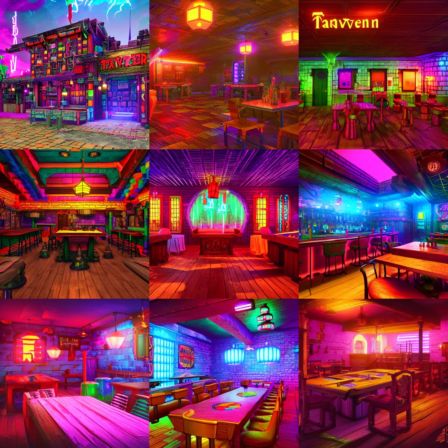 Prompt: colorful d & d fantasy tavern in the style of synthwave, 4 k, ultra realistic, octane render