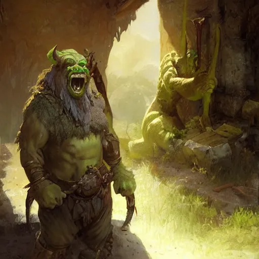 Prompt: a friendly orcish merchant, green skin and tusks, fantasy character portrait by greg rutkowski, gaston bussiere, craig mullins