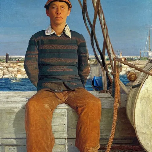 Image similar to painting of cabin boy hyperrealism vasily vereshchagin at harbor symmetrical