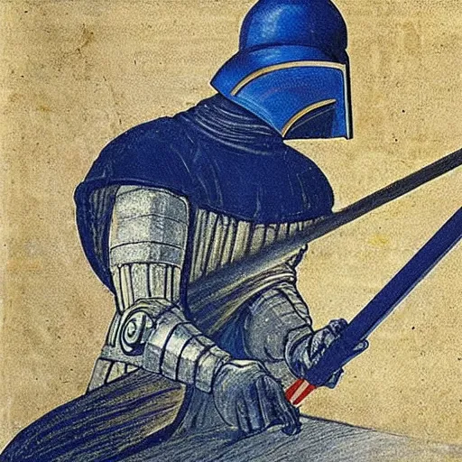 Prompt: a paint of a knight welding a blue lightsaber by Leonardo da Vinci