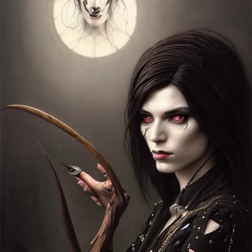 Image similar to portrait painting of an androgynous witch with shoulder length flowing black hair pale skin and beautiful dark brown eyes wearing a punk clothes, ultra realistic, concept art, intricate details, eerie, highly detailed, photorealistic, octane render, 8 k, unreal engine. art by artgerm and greg rutkowski and magali villeneuve and alphonse mucha