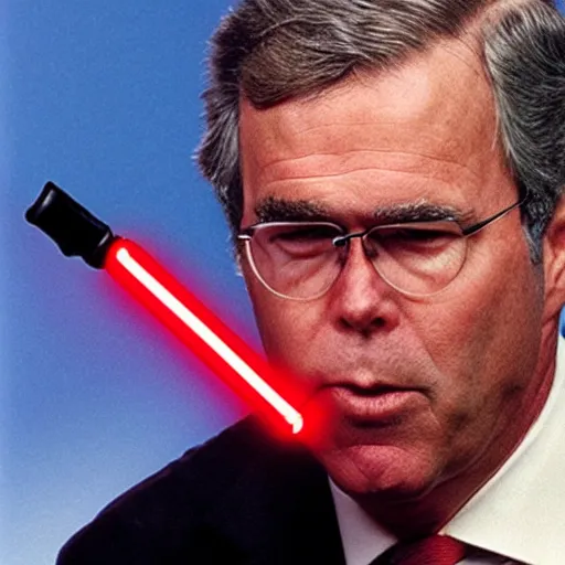 Image similar to Jeb Bush as a sith lord, holding a red lightsaber