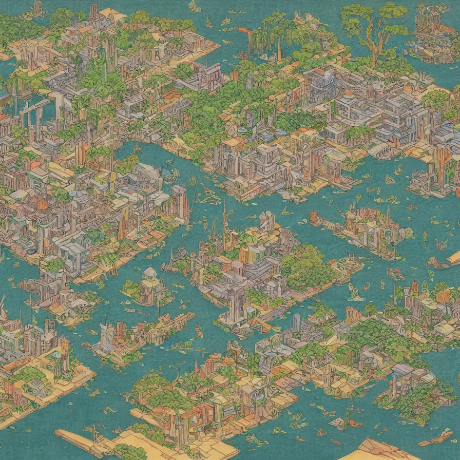 Image similar to 3d isometric botanical illustration of a small city in an island surrounded by water, diego rivera in Ukiyo-e style, HD