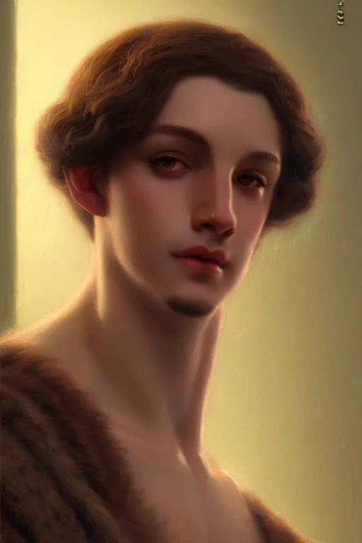 Prompt: a portrait of a Satyr, illustration, soft lighting, soft details, painting oil on canvas by Edmund Blair Leighton and Charlie Bowater octane render trending on artstation d&d characters, 4k, 8k, HD