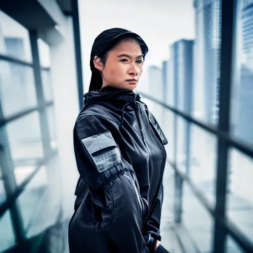 Image similar to photograph of a techwear woman, closeup, on the rooftop of a futuristic city, sigma 85mm f/1.4, 4k, depth of field, high resolution, 4k, 8k, hd, full color