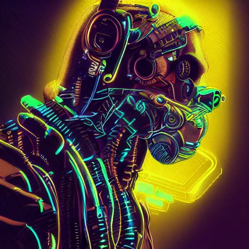 Prompt: cybernetically enhanced hyena, neon lights on body, exposed metal and wires, cyberpunk beksinki style, highly detailed video game concept art for cyberpunk 2 0 7 7