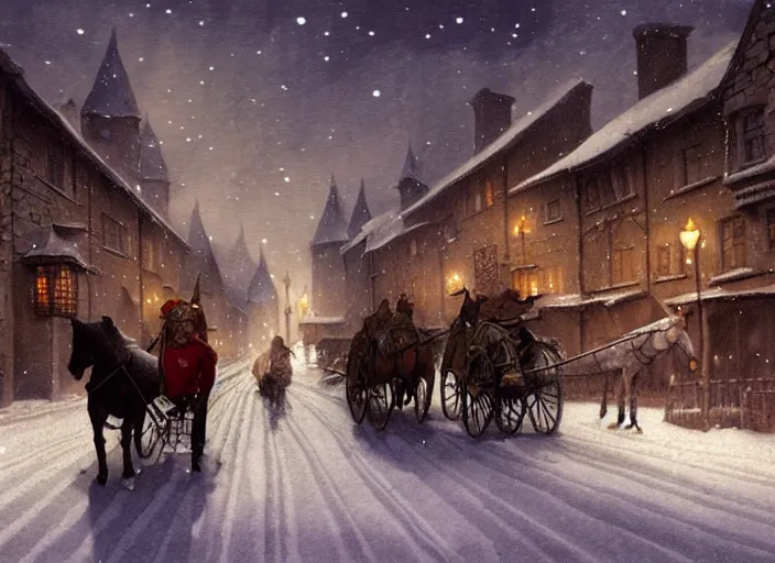 Image similar to a night scene of a snowy town with a horse drawn carriage, a detailed matte painting by anton pieck, deviantart contest winner, fantasy art, concept art, official art, matte drawing