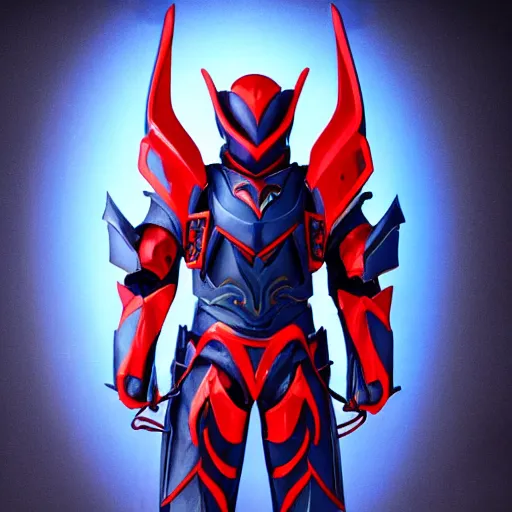 Image similar to High Fantasy Kamen Rider, blue armor with red secondary color, 4k, glowing eyes, daytime, dark grey rubber undersuit, dragon inspired armor