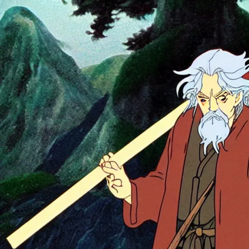 Image similar to gandalf from the anime lord of the rings (1986), holding a wooden staff, studio ghibli, very detailed, realistic