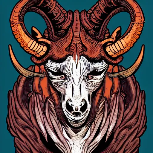 Prompt: a demon with the head of a goat, is looking at the camera, while holding a human head, whose eyes are still wide. symmetrical anatomy, very detailed design, complexity of the image, with pop punk style, colorful.