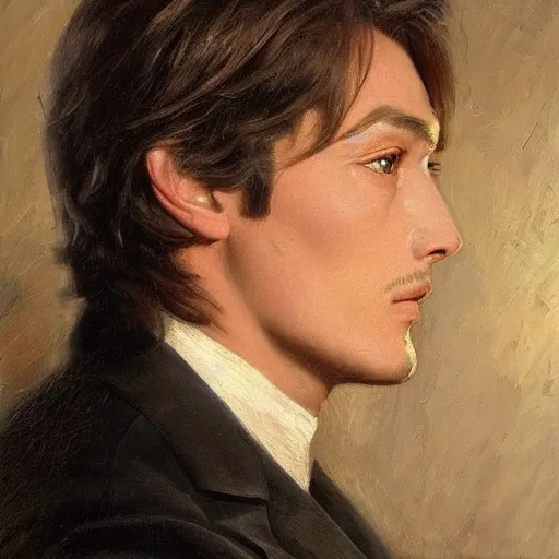 Prompt: portrait en buste of alain delon by mark arian, by hughes merle, by pierre auguste cot, perfectly detailed eyes oil on canvas, masterpiece, realism