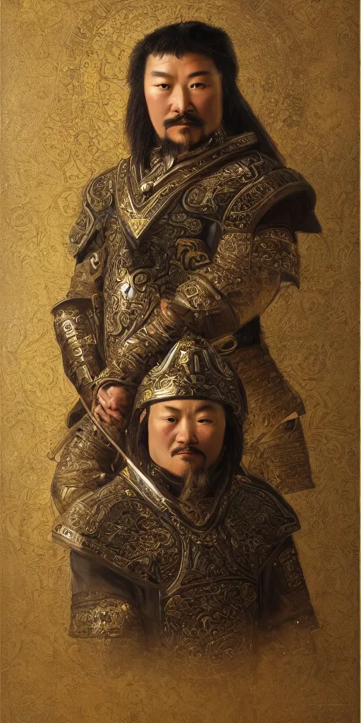 Image similar to a stunning and noble highly detailed romantic period style portrait of Genghis Khan by Josep Tapiró Baró, trending on artstation, oil painting masterpiece, symmetry, fractals, Mongolian iconography