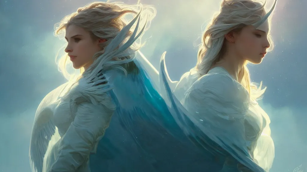 Image similar to one angel, big wings, low key light, full plate armor with cloth, f 1 6, bokeh, extreme close up portrait, gentle, female, mountain, storm, god rays, landscape, d & d, fantasy, elegant, teal pink white gold color palette, concept art, artgerm and greg rutkowski and alphonse mucha