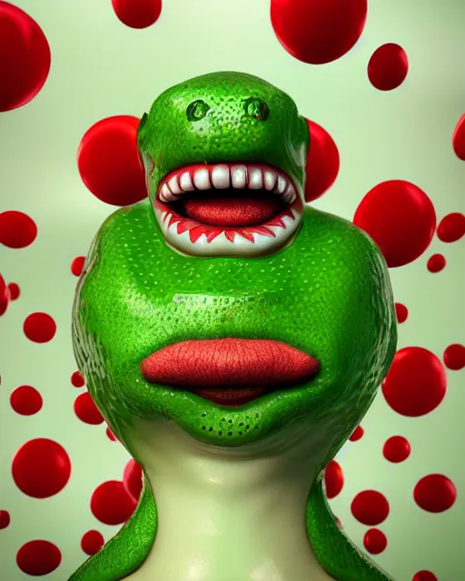 Image similar to hyperrealistic anthropomorphic cartoon 3 d unreal engine red and white polka dot venus fly trap thick lips wet tongue eating photorealistic italian plumber photography portrait