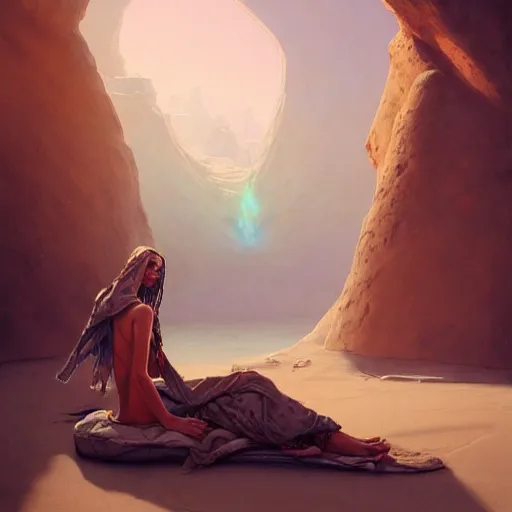 Prompt: a desert vagabond wearing a tattered robe lounging next to an oasis surrounded by sand dunes, by wlop and peter mohrbacher, extremely detailed shading, concept art, digital painting, trending on artstation, unreal engine 5, octane render, atmosphere, glow, cinematic lighting, full of color