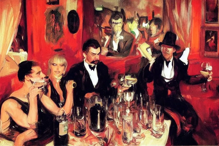 Image similar to glam rockers drinking wine, inside a green saloon with red lights by joaquin sorolla, phil hale, extremely detailed