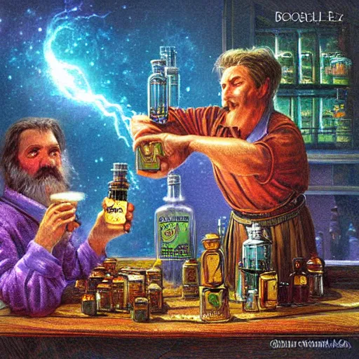 Prompt: A richly detailed fantasy digital art of an ancient vintage apothecary magic arcane nebula healing elixir potion bottle trading card an esoteric blender render by Bob Eggleton