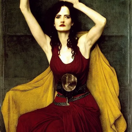 Image similar to eva green as a bandit queen, goddess of fire, fine silk red dress, by edgar maxence and caravaggio and michael whelan and delacroix