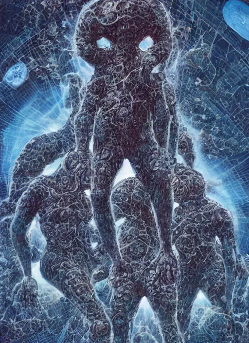 Image similar to astronauts in the dark infinite underwater void - complex and hyperdetailed technical suit, fabric material. reflection and dispersion materials. rays and dispersion of light. volumetric light. wide angle, f / 3 2. noise film photo. flash photography. ultra realistic, wide angle. poster by wayne barlowe, hajime sorayama aaron horkey, craig mullins