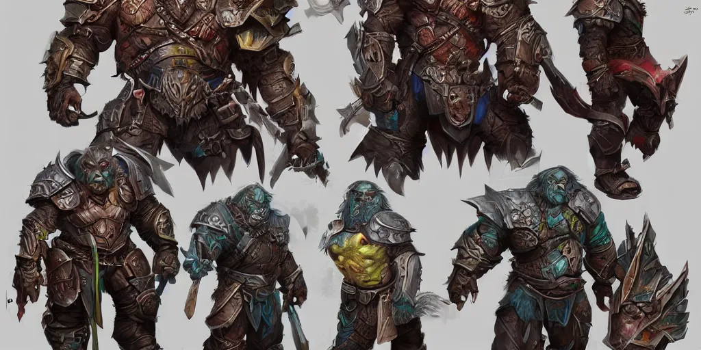Prompt: different views of orcs in armour, colourful intricate!! concept art by senior character artist, trending on artstation, full body character design