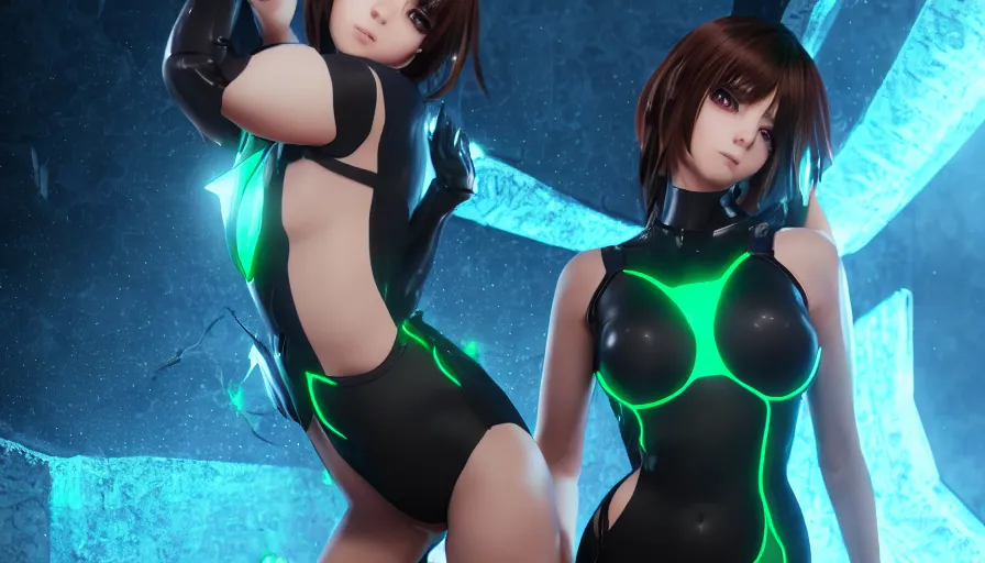 Prompt: render beautiful 3 d anime woman with short brown hair, heterochromia, blue eye and green eye, sci fi glowing bodysuit with mechanical boots, heavy makeup, short smile, cinematic lightning, highly detailed, trending on artstation, unreal engine 4 k, cinematic wallpaper